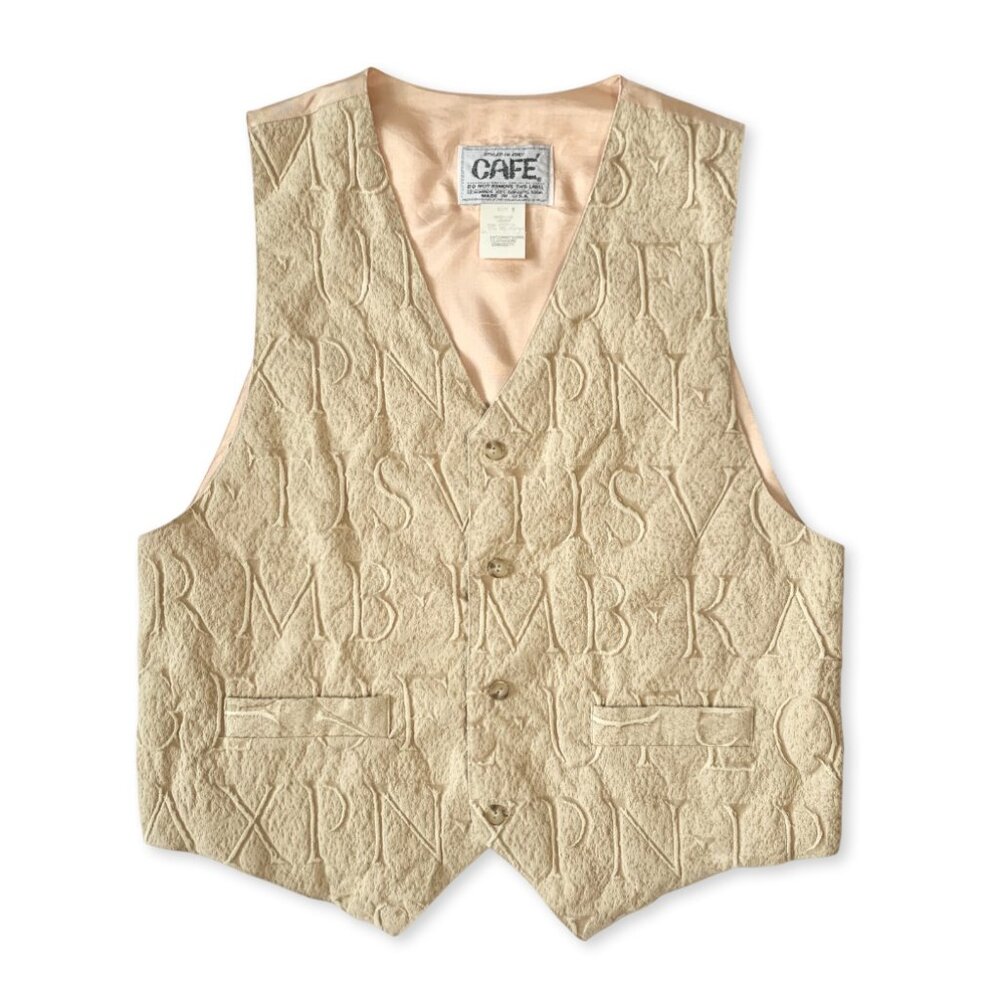 Vintage 3D Woven Letters Beige Tan Vest Academia Prep Coastal Grandma Cottage